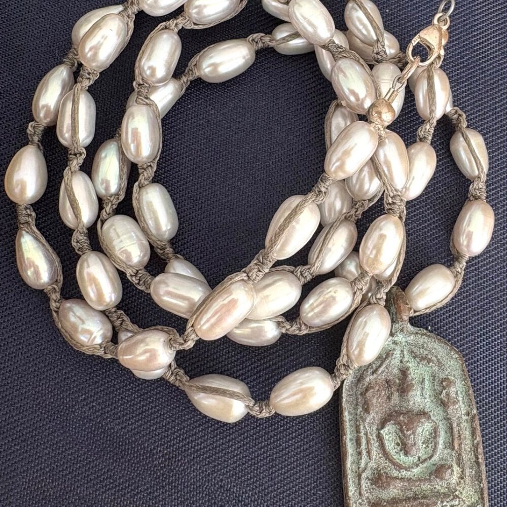 Boho Freshwater Pearl & Patina Pendant Necklace